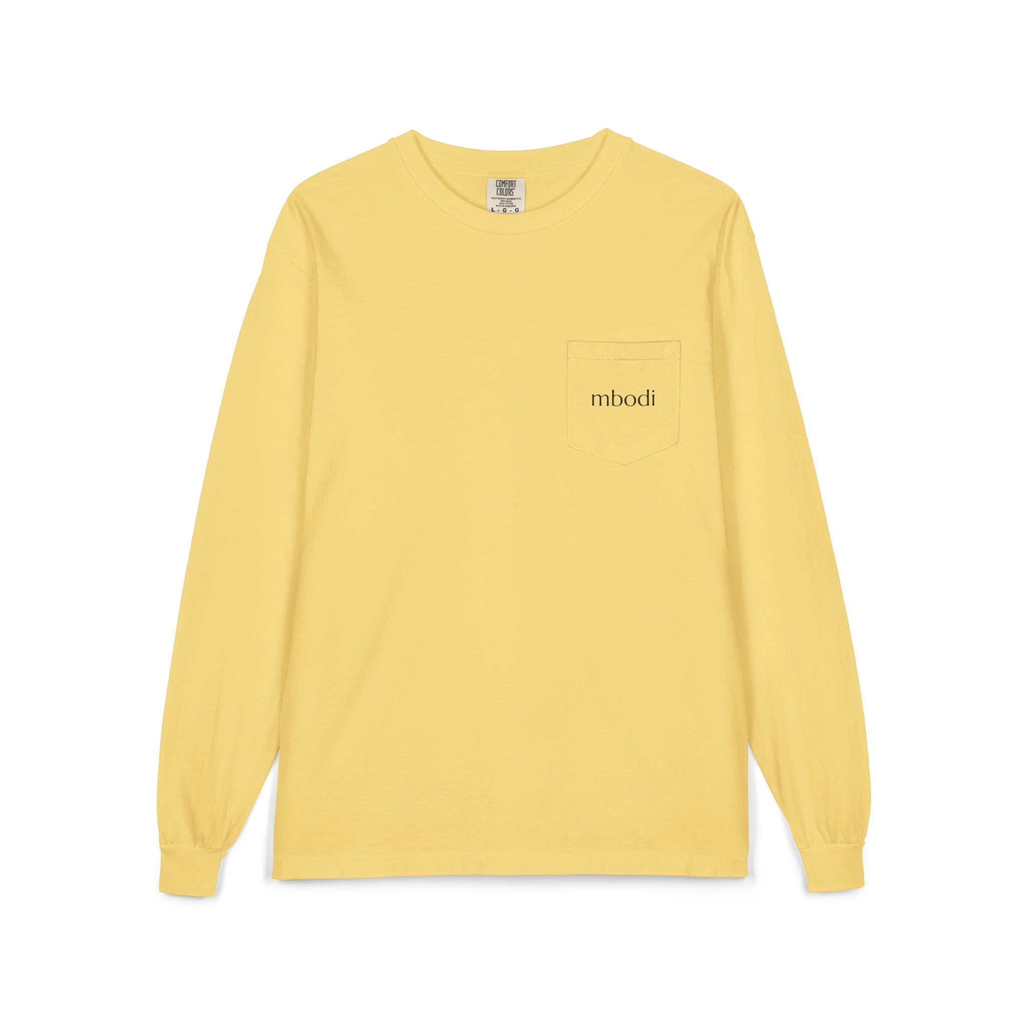 100% cotton long sleeve pocket tee - black text