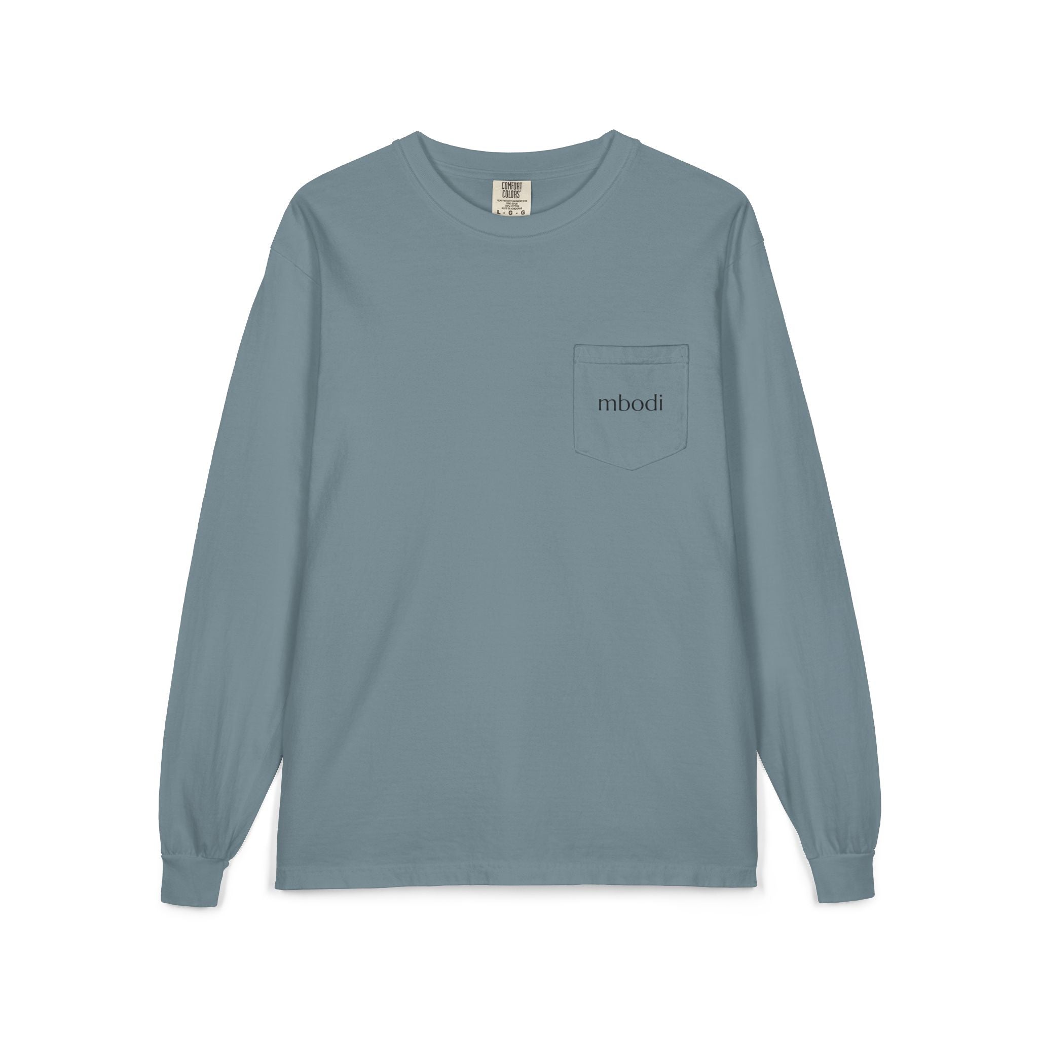 100% cotton long sleeve pocket tee - black text
