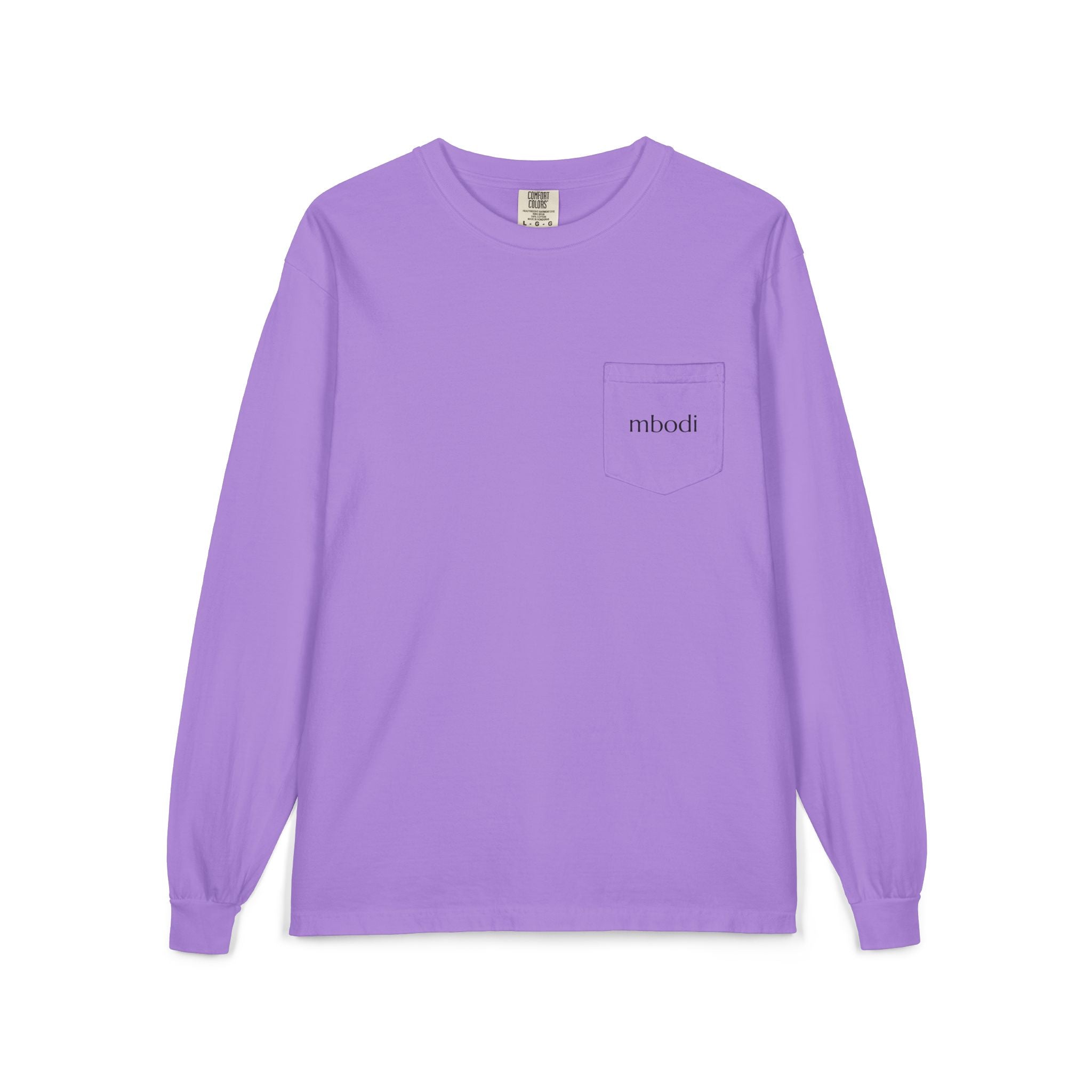 100% cotton long sleeve pocket tee - black text