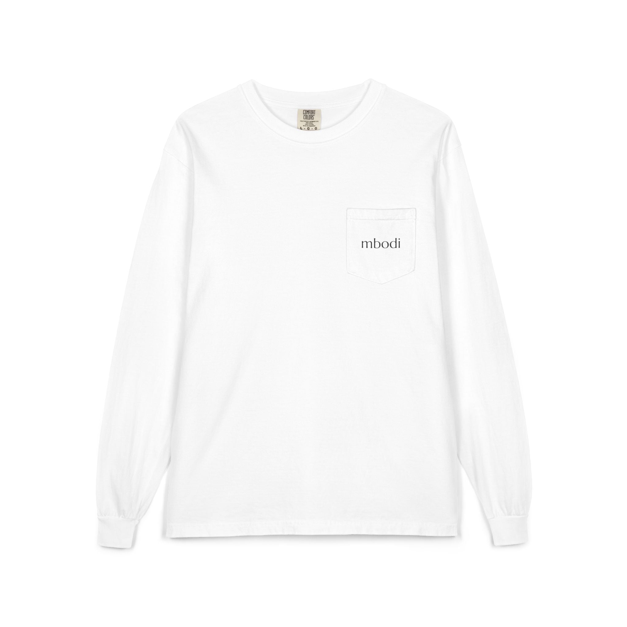 100% cotton long sleeve pocket tee - black text
