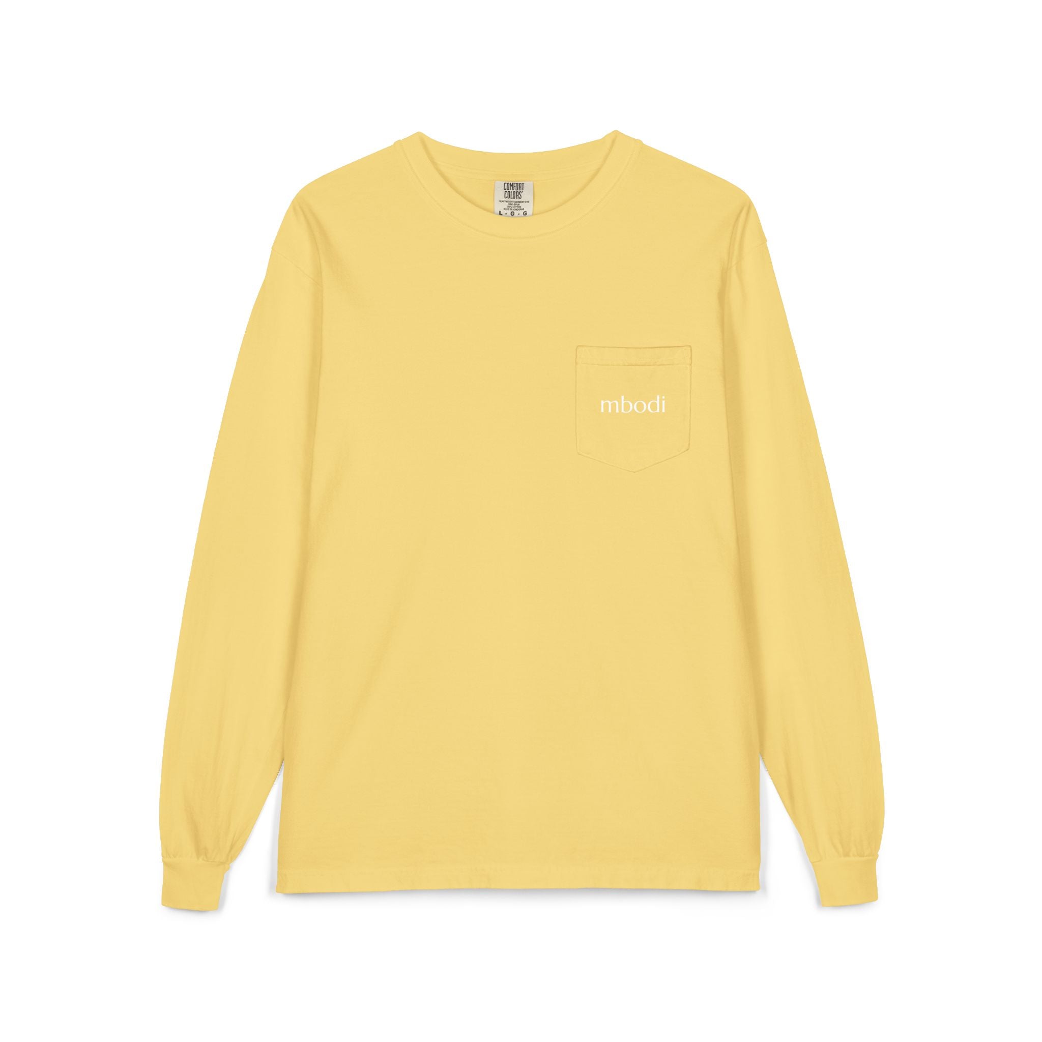 100% cotton long sleeve pocket tee - white text
