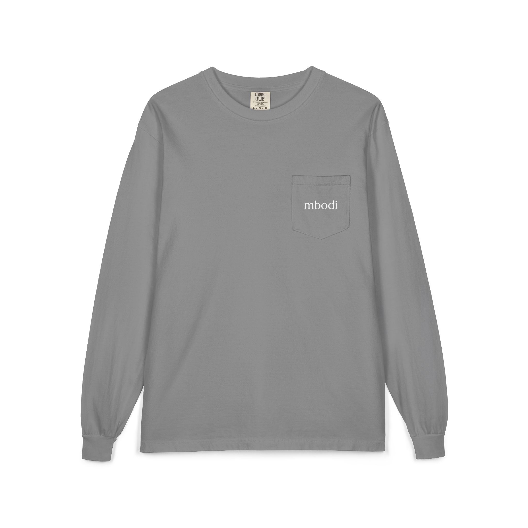 100% cotton long sleeve pocket tee - white text