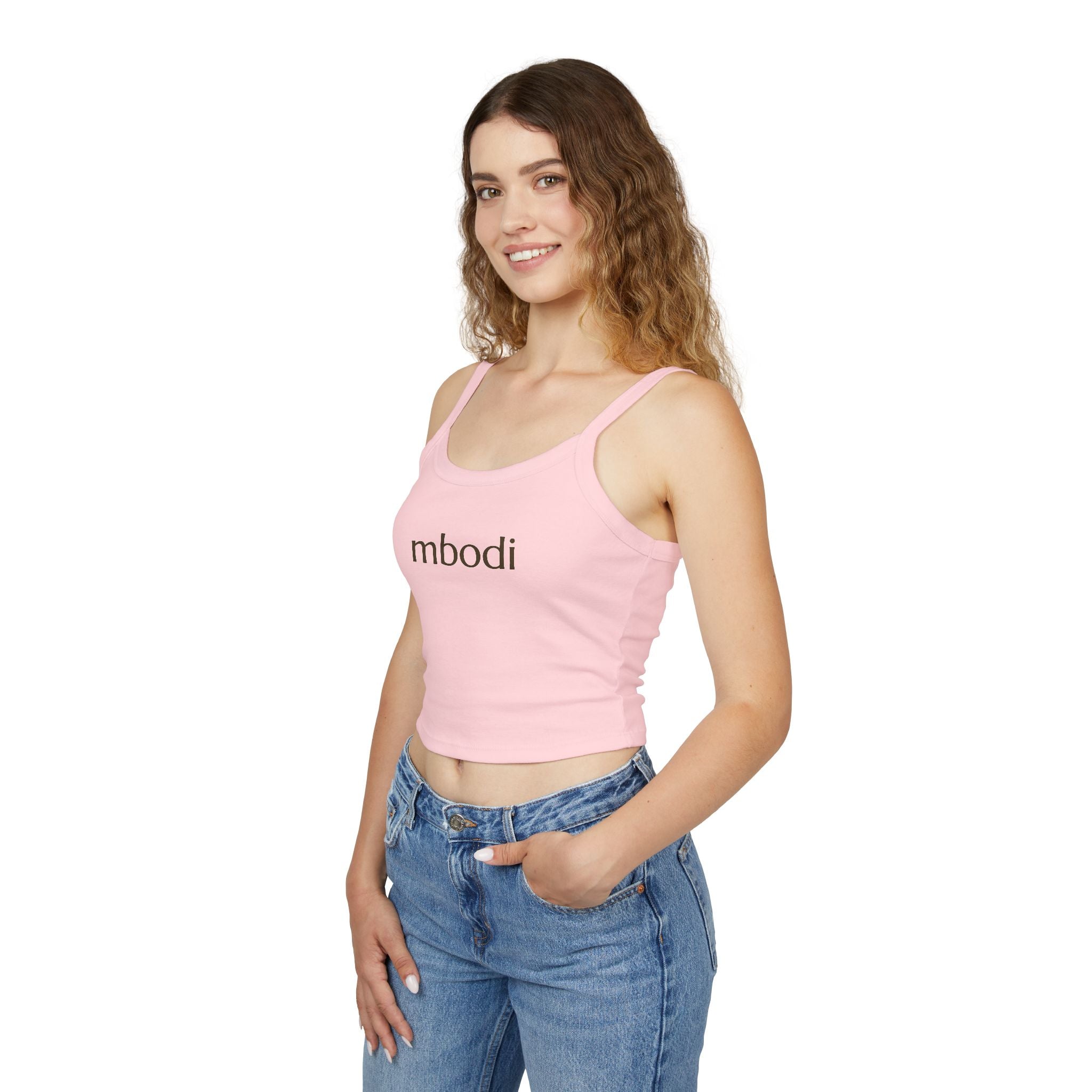women's spaghetti strap tank - brown text
