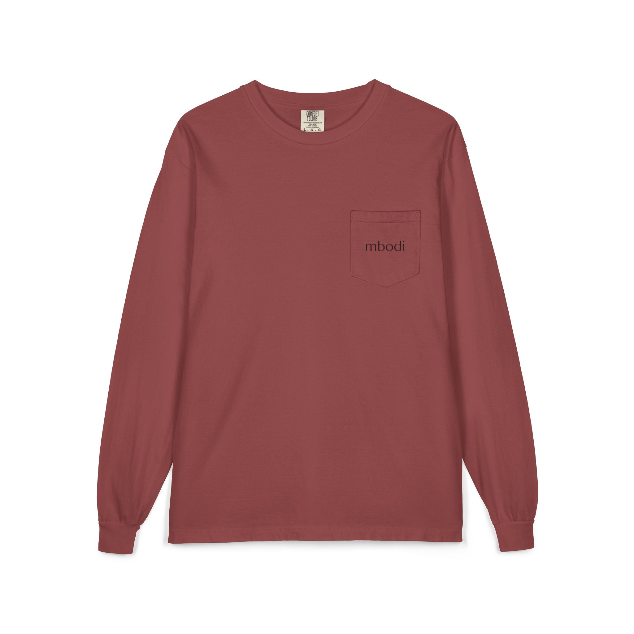 100% cotton long sleeve pocket tee - black text