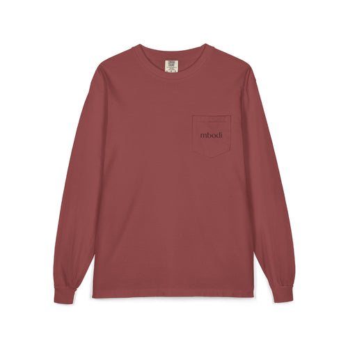 100% cotton long sleeve pocket tee - black text