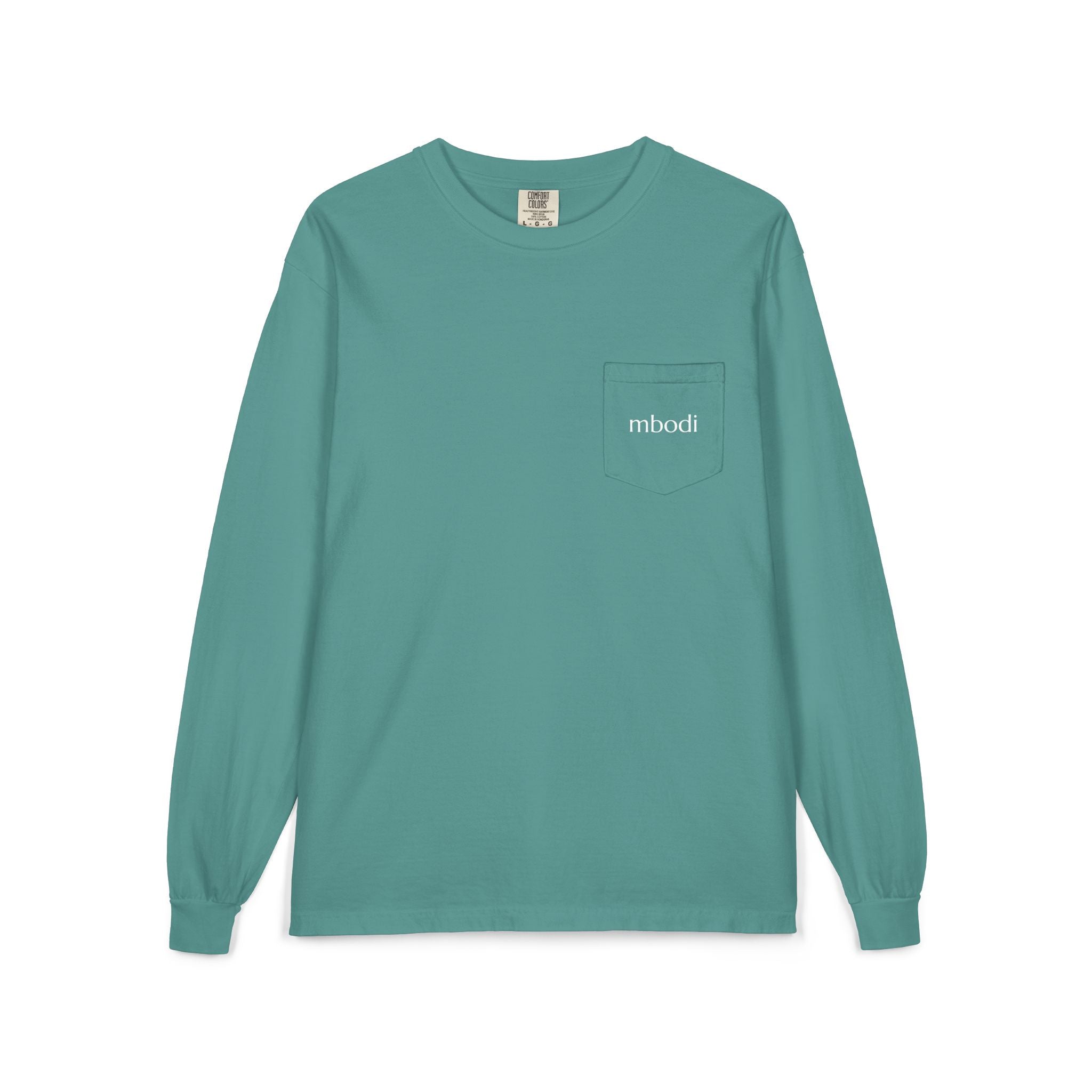 100% cotton long sleeve pocket tee - white text