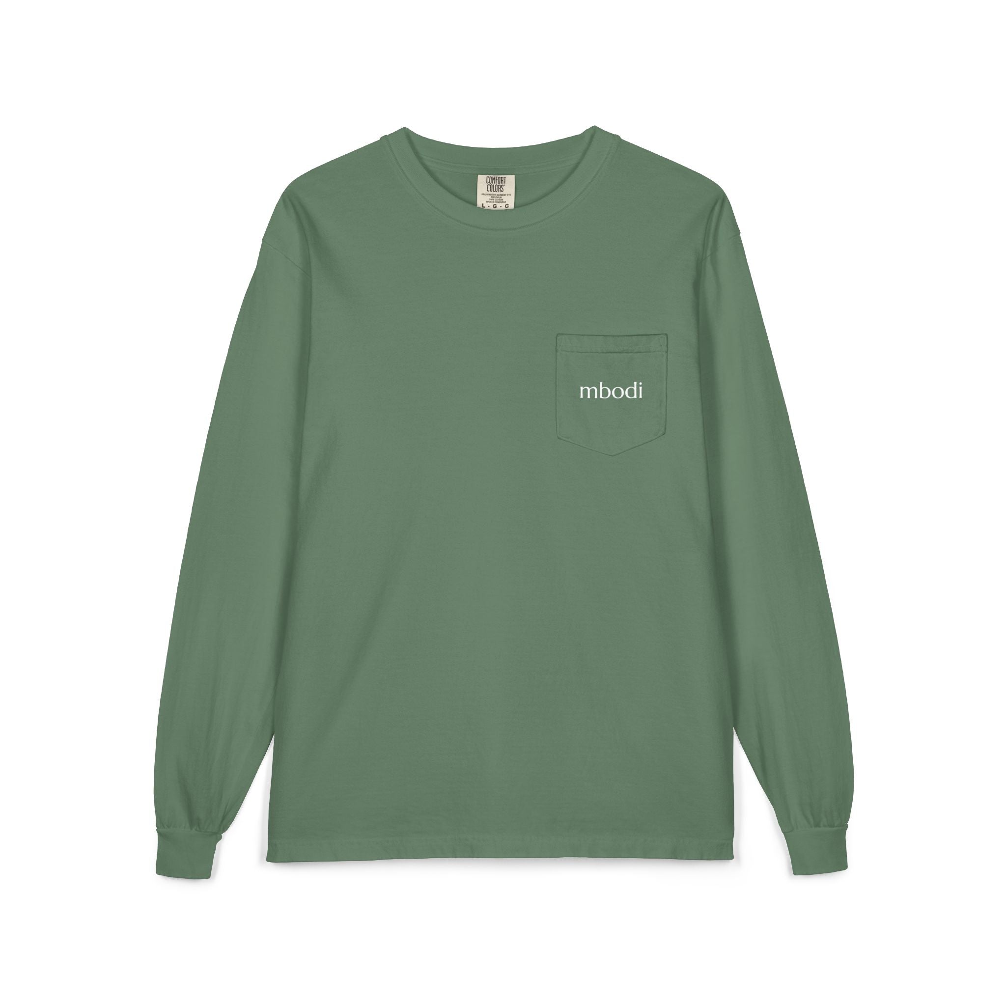 100% cotton long sleeve pocket tee - white text