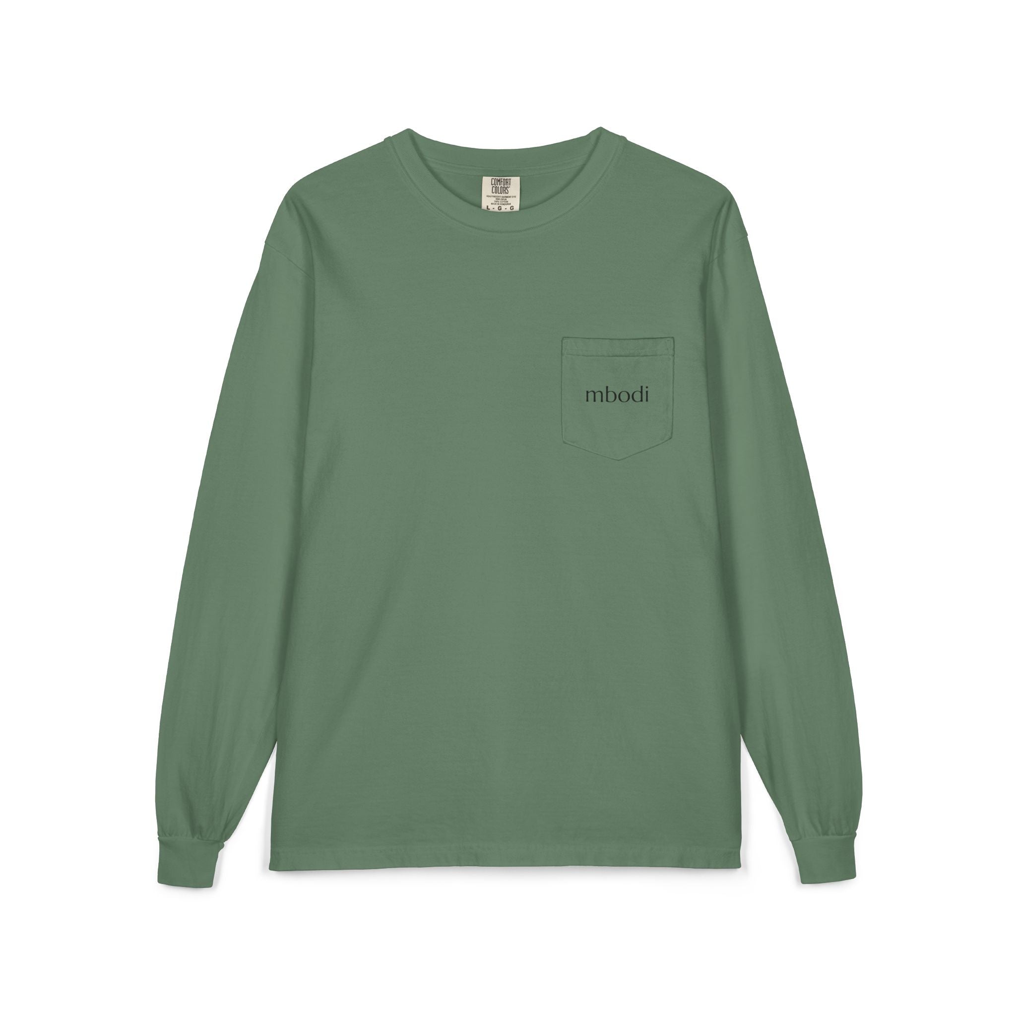 100% cotton long sleeve pocket tee - black text