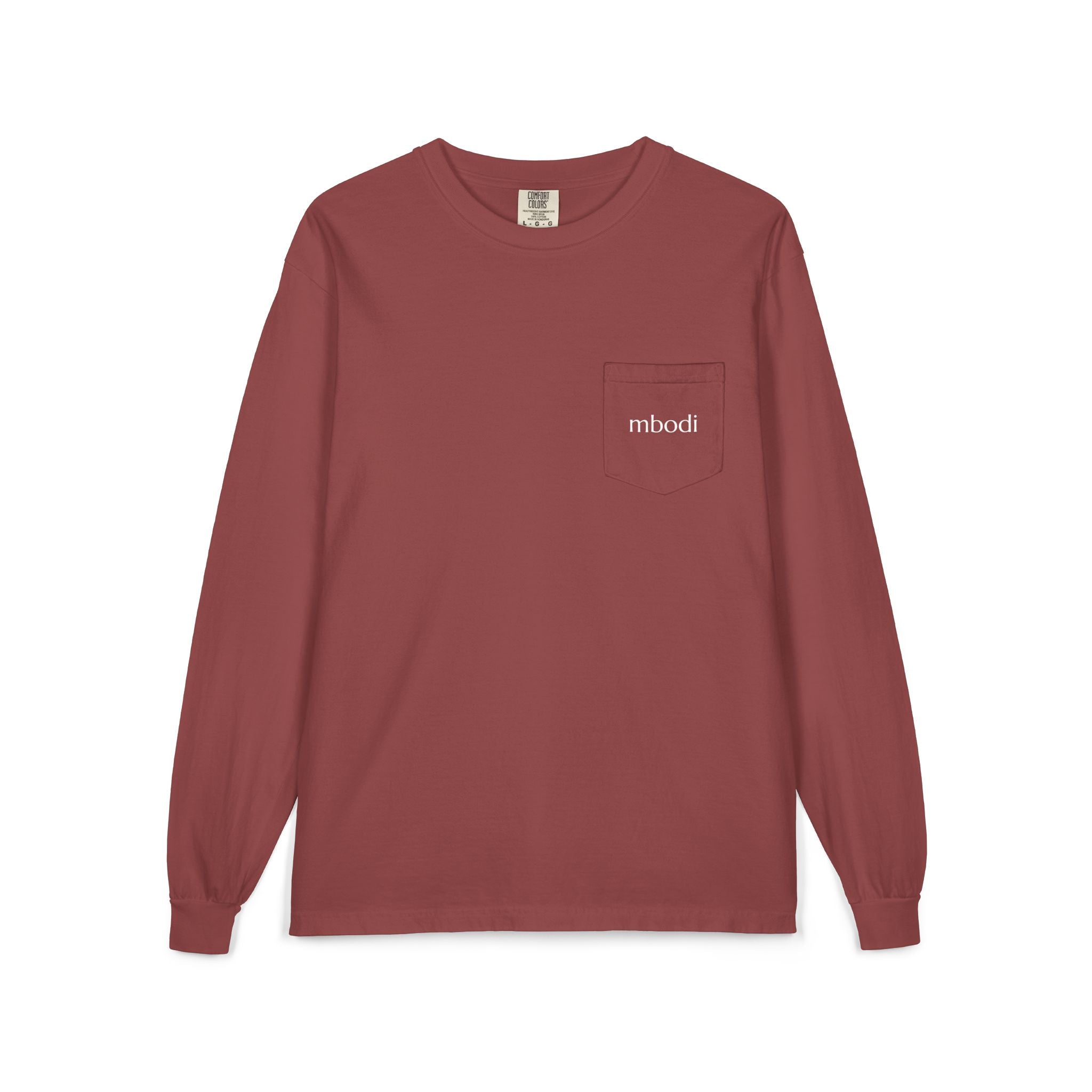 100% cotton long sleeve pocket tee - white text
