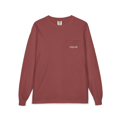 100% cotton long sleeve pocket tee - white text