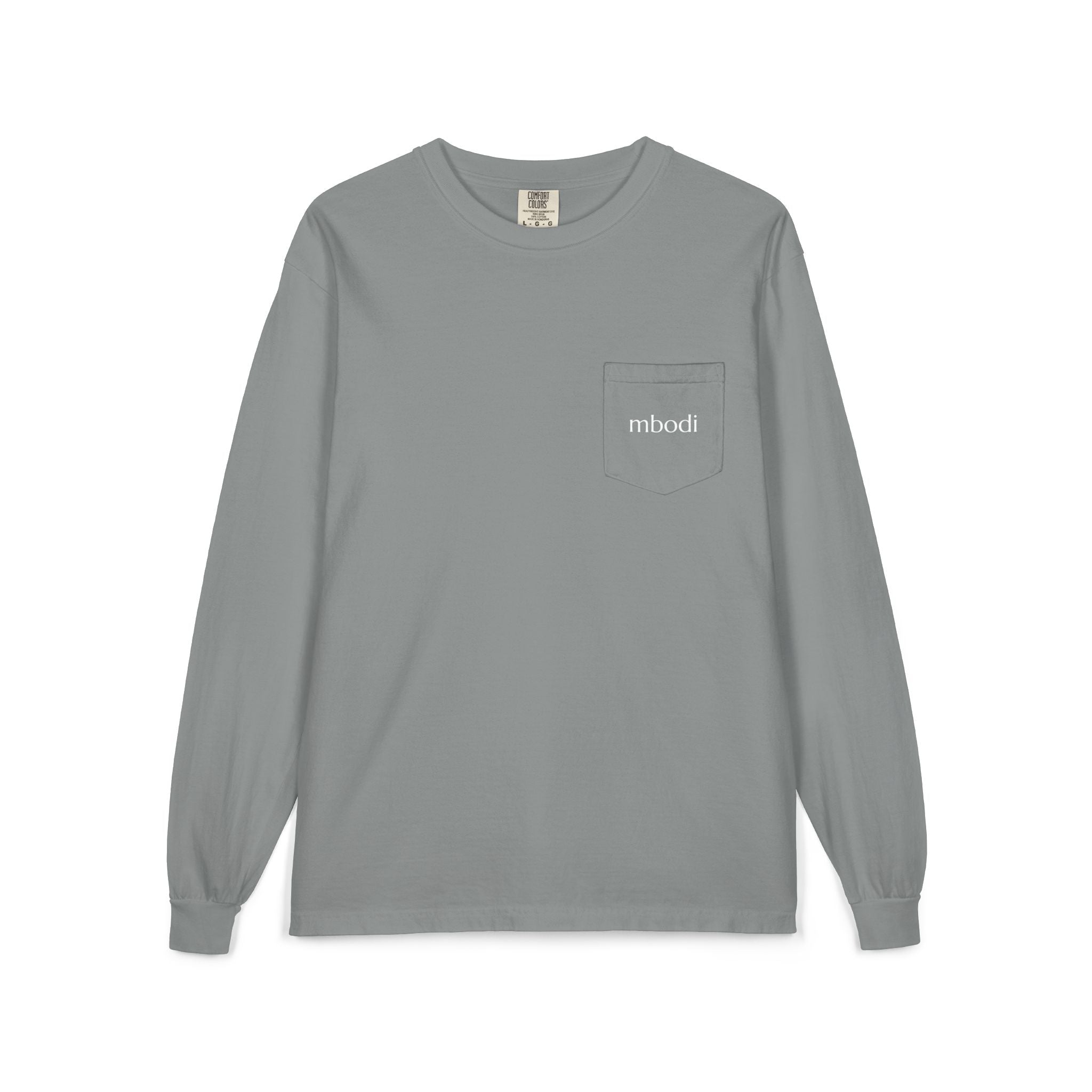 100% cotton long sleeve pocket tee - white text