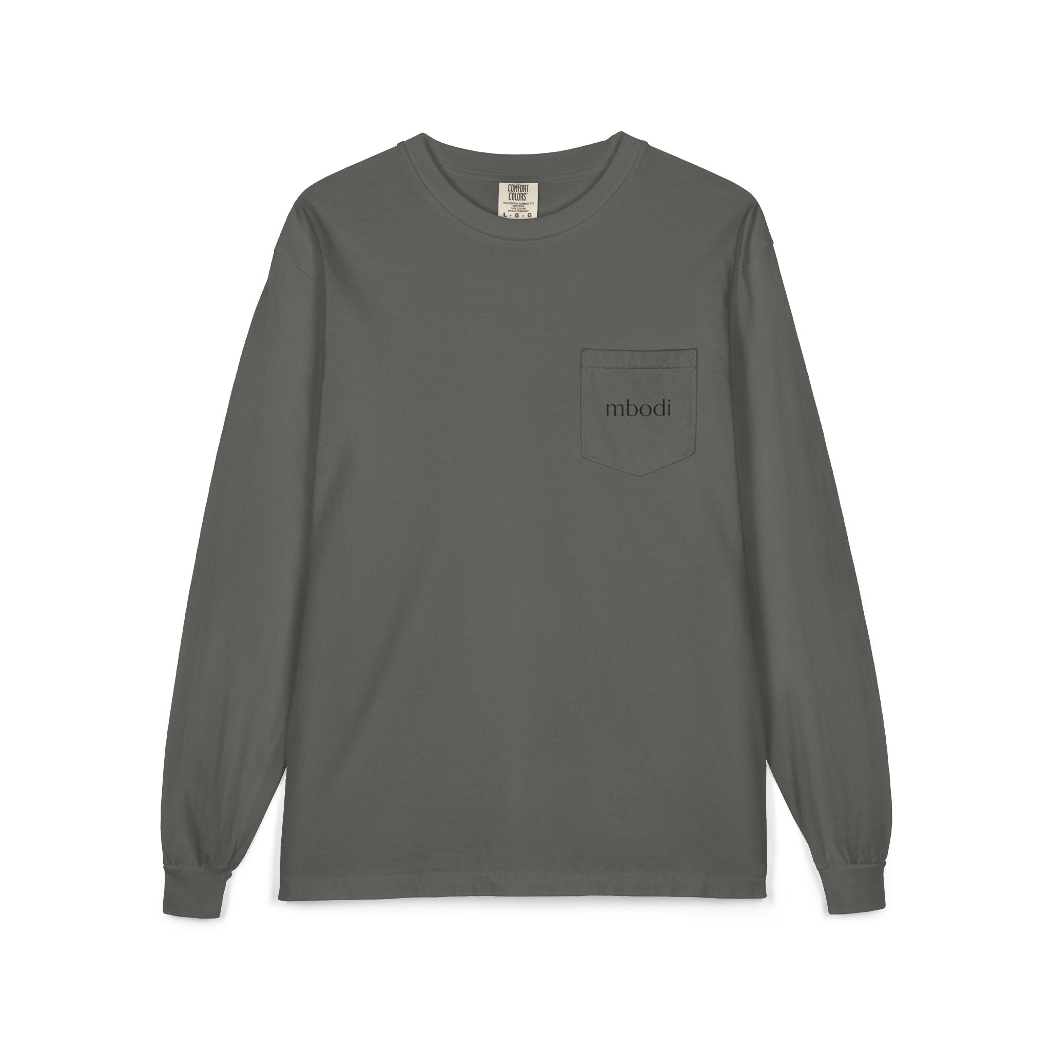 100% cotton long sleeve pocket tee - black text