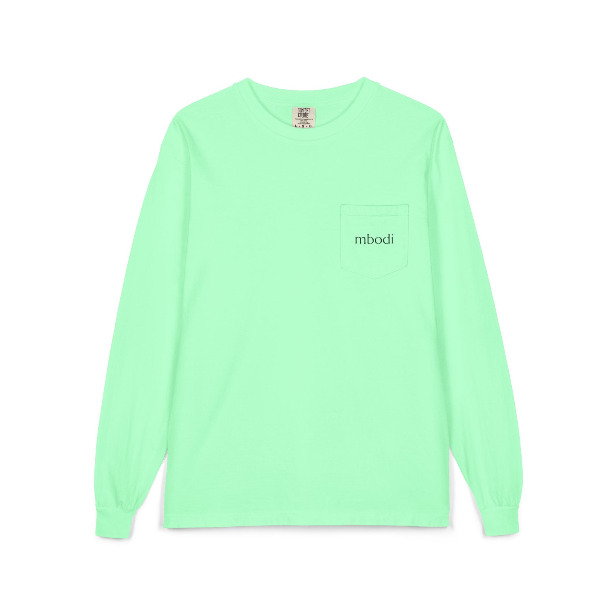 100% cotton long sleeve pocket tee - black text