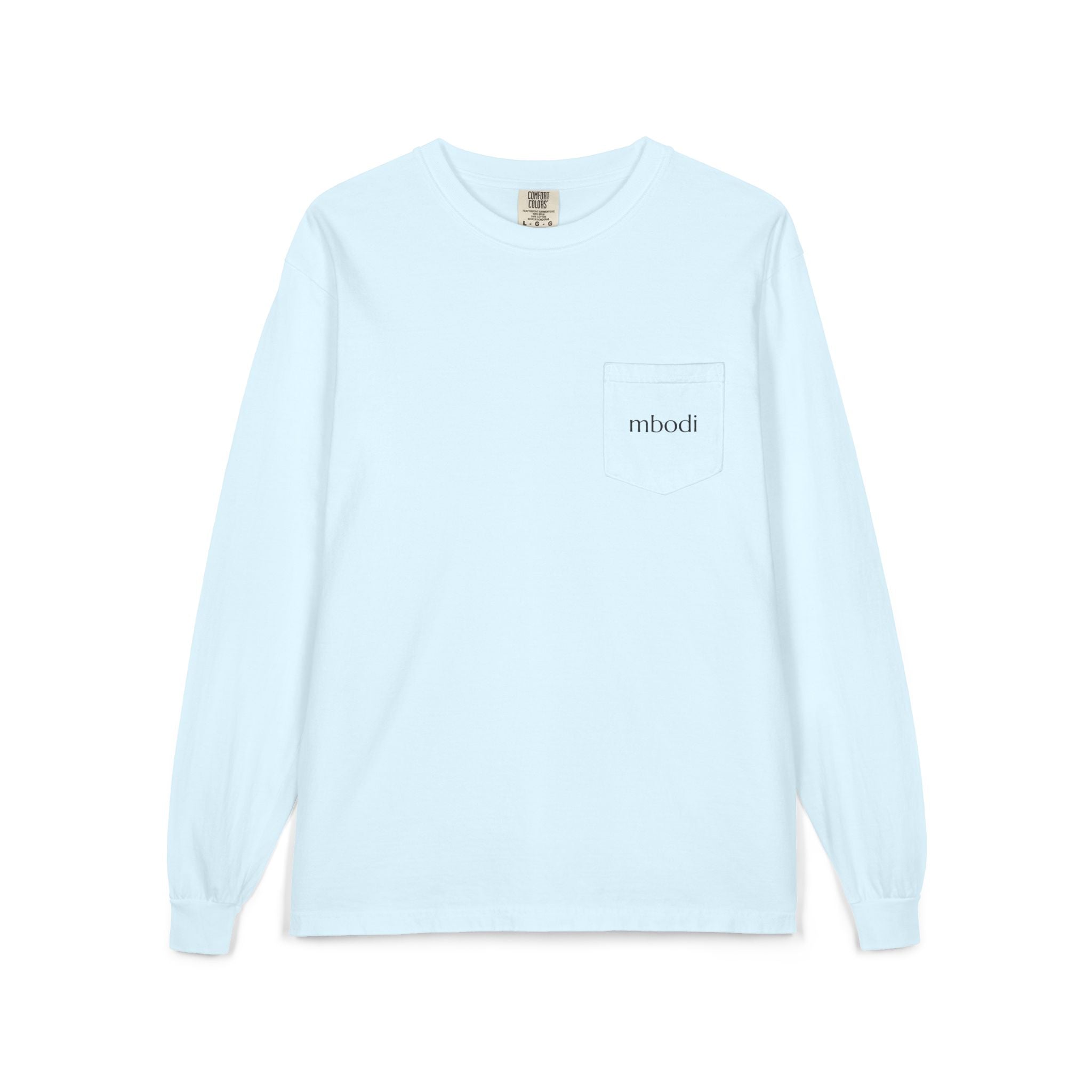 100% cotton long sleeve pocket tee - black text