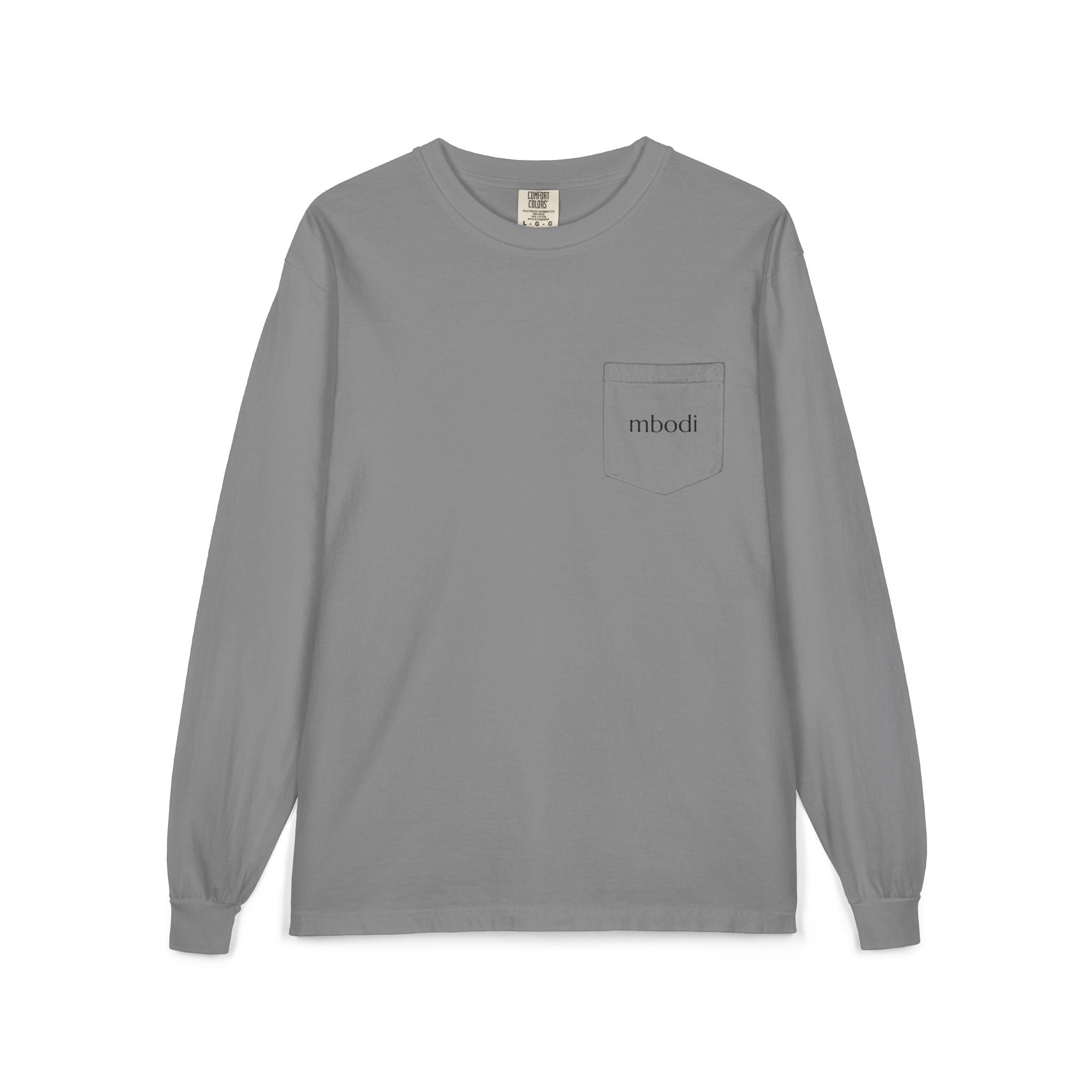 100% cotton long sleeve pocket tee - black text