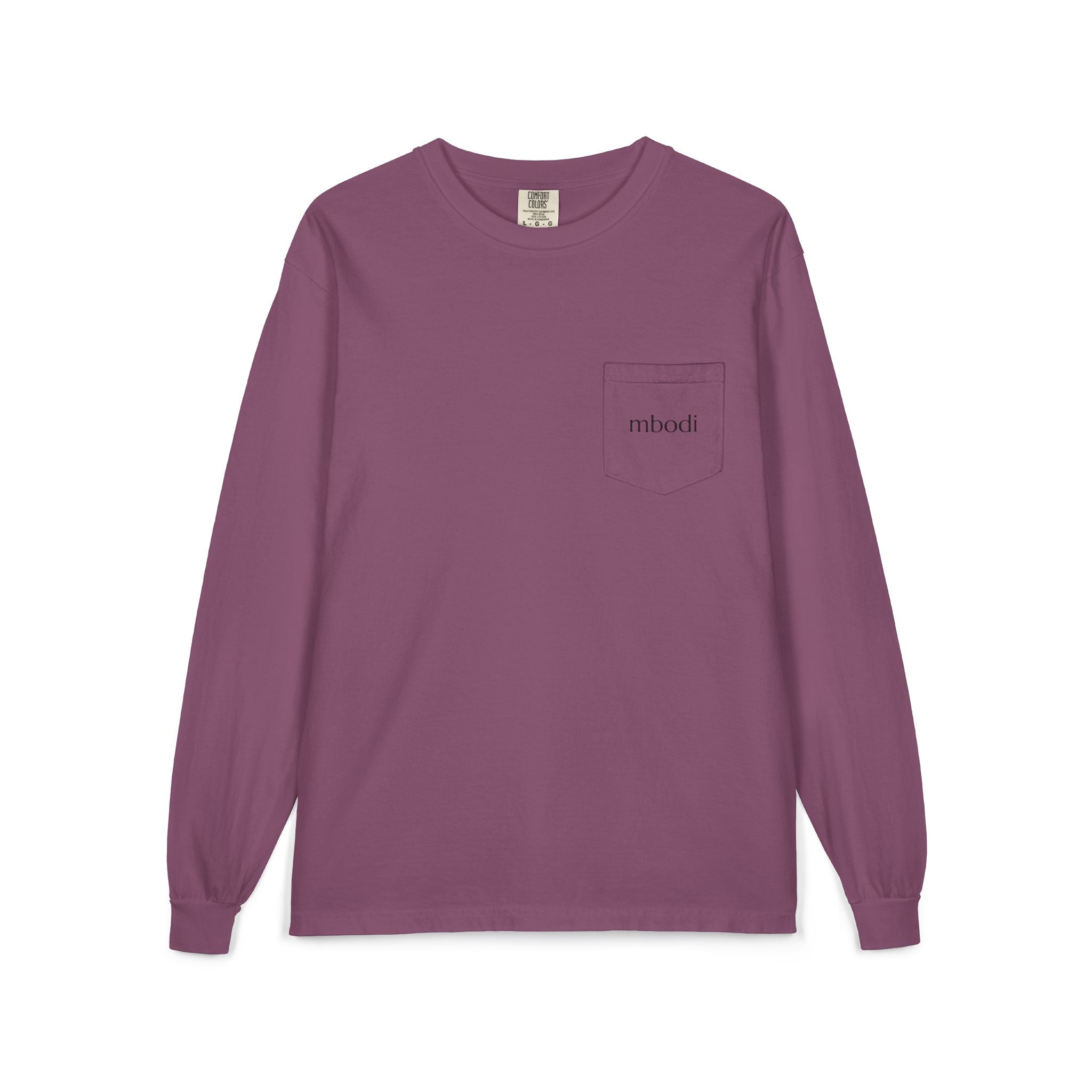100% cotton long sleeve pocket tee - black text