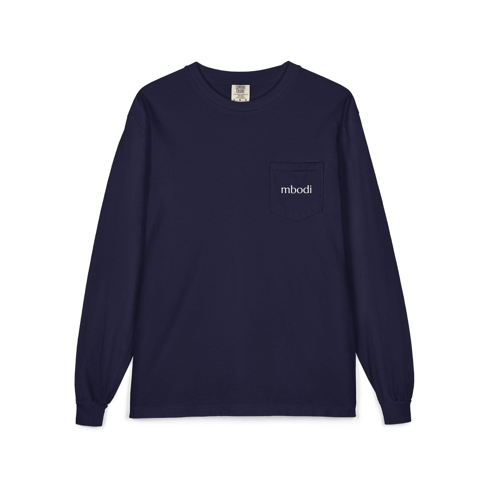 100% cotton long sleeve pocket tee - white text