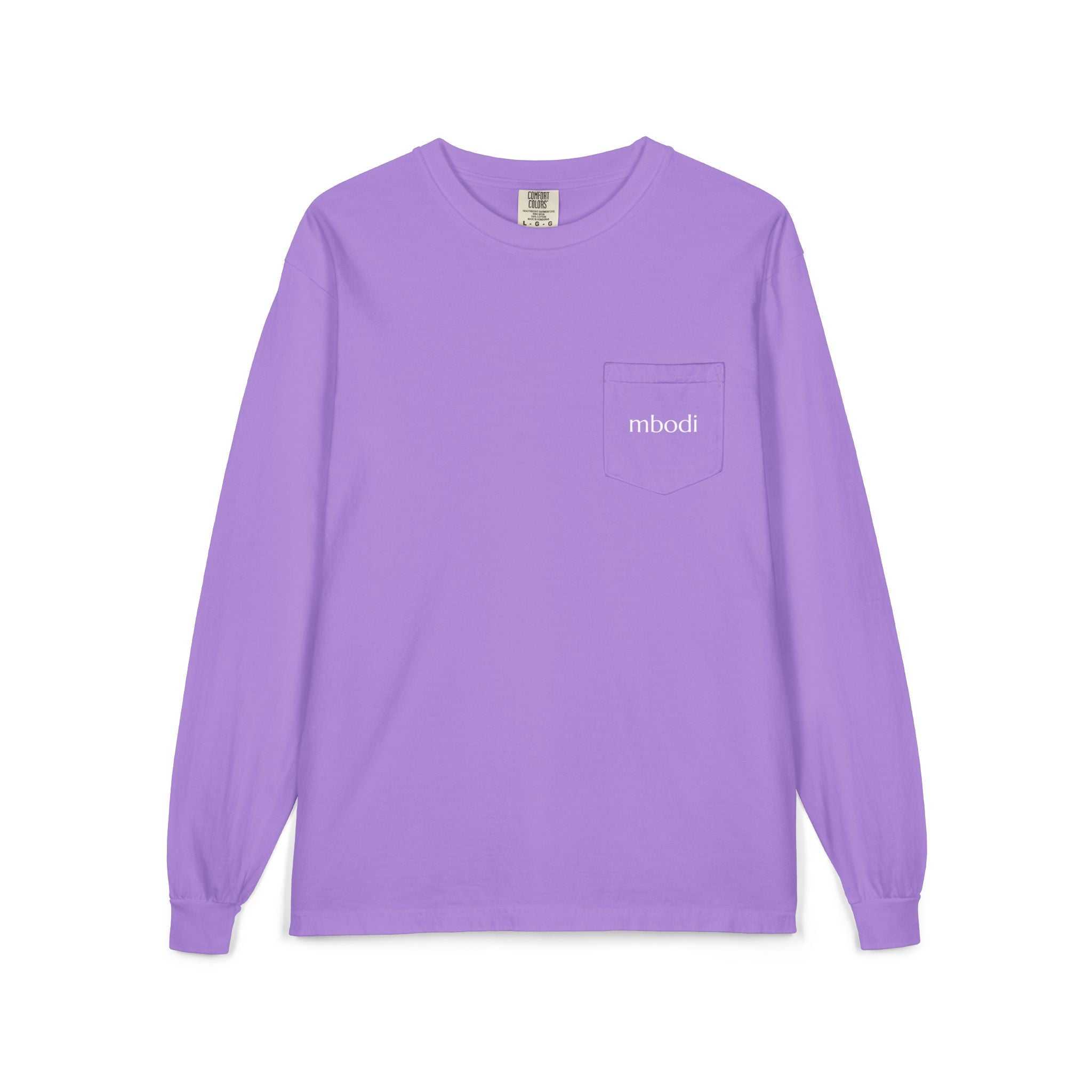 100% cotton long sleeve pocket tee - white text