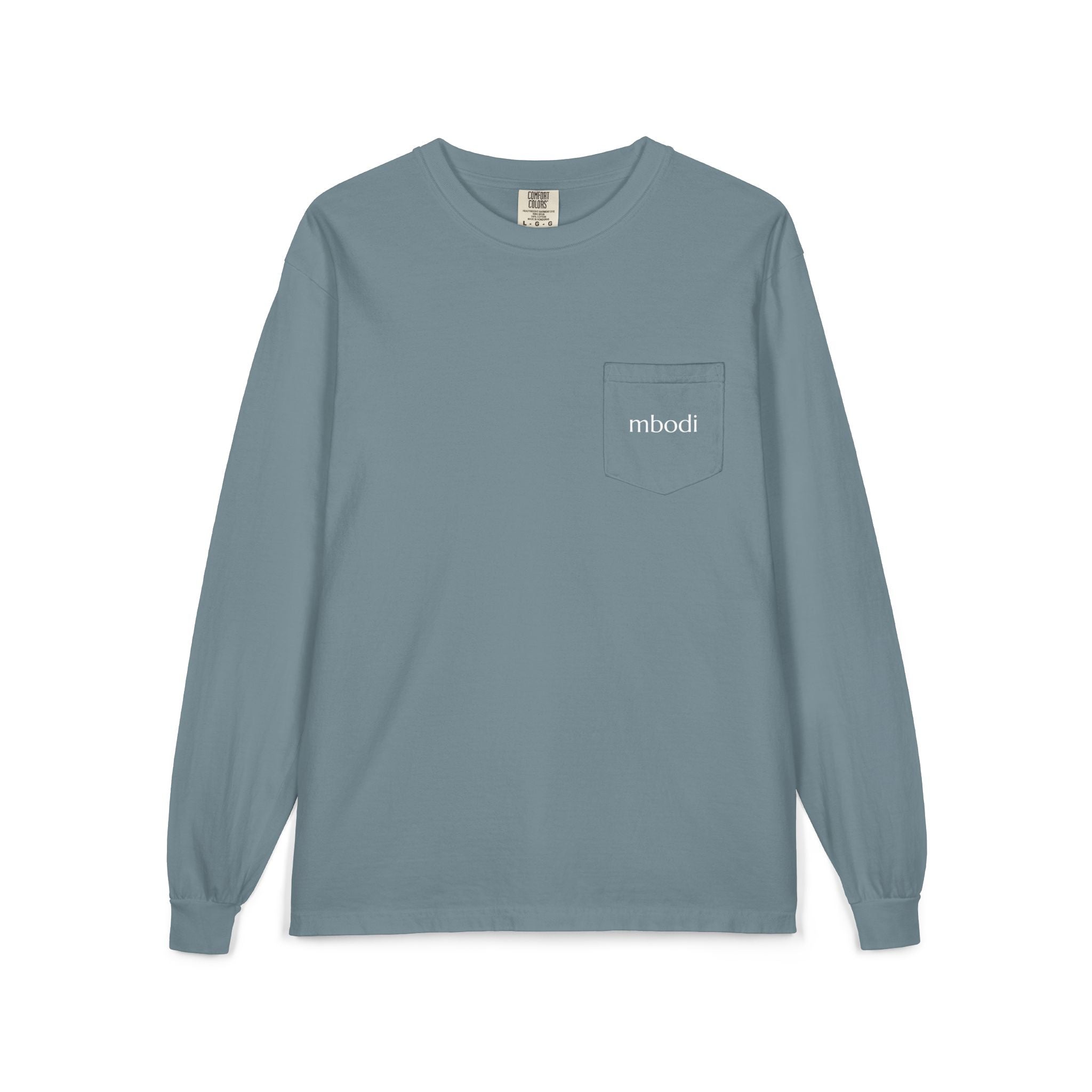 100% cotton long sleeve pocket tee - white text