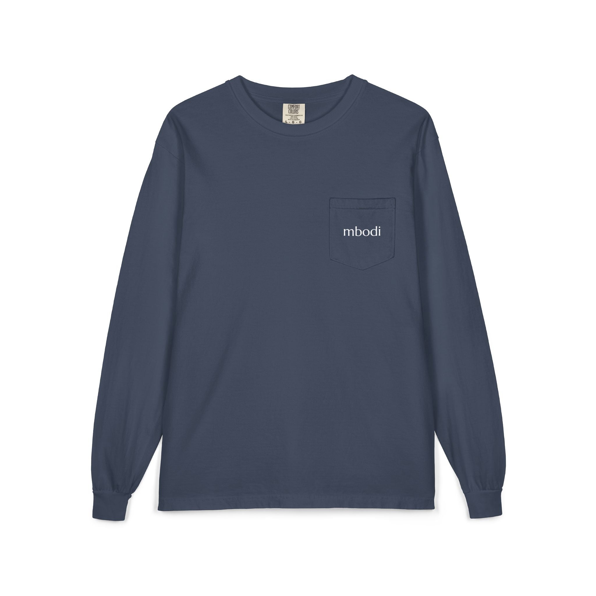 100% cotton long sleeve pocket tee - white text