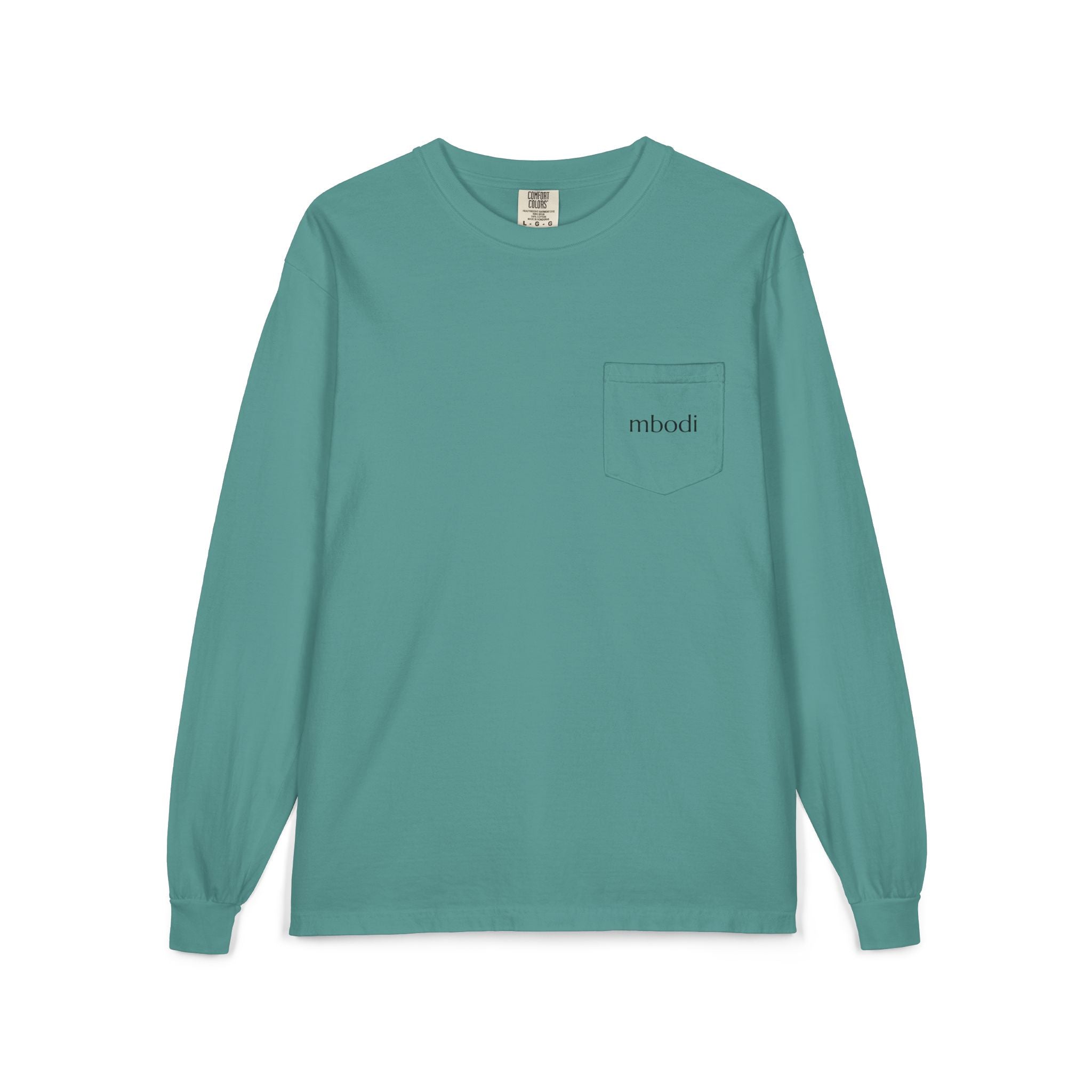 100% cotton long sleeve pocket tee - black text