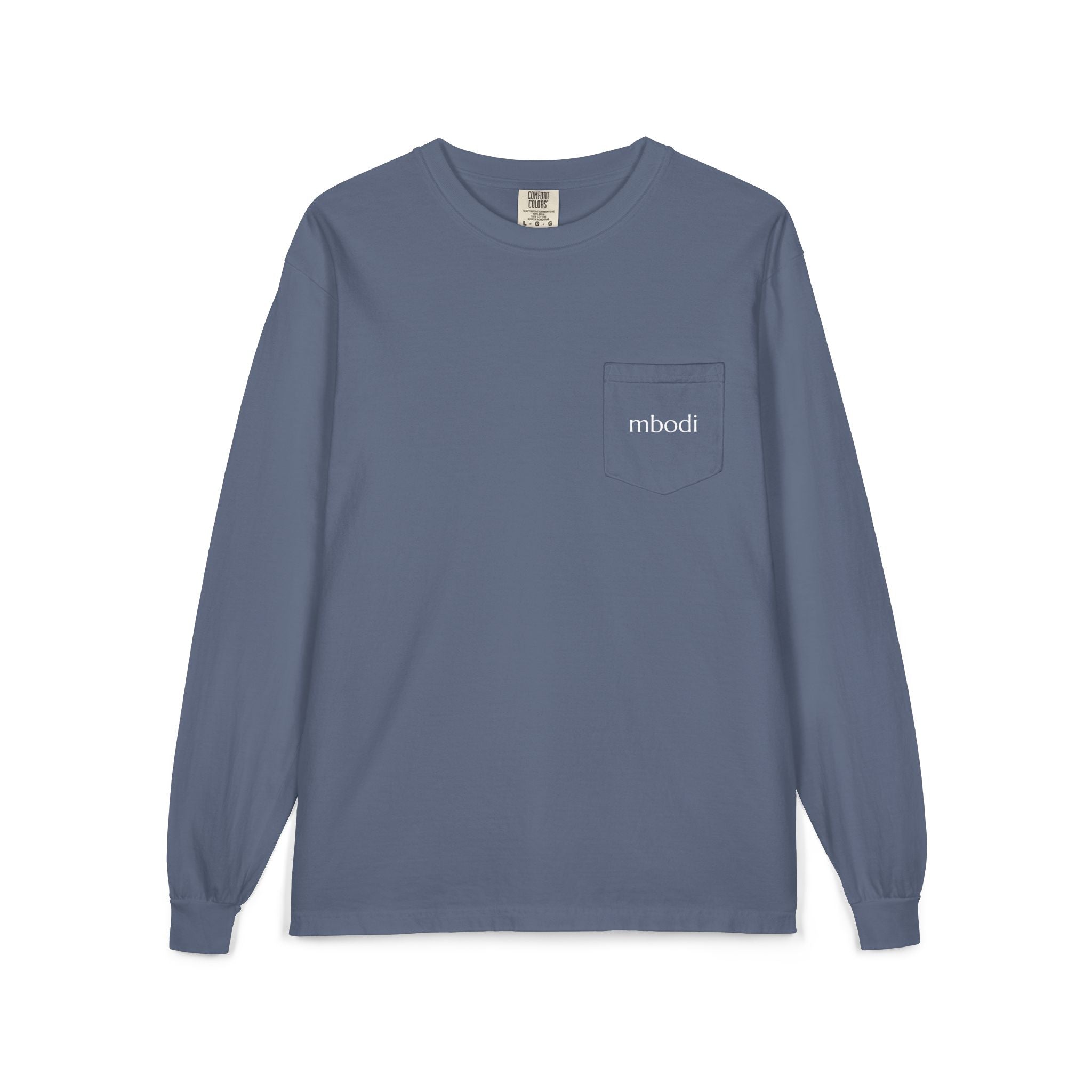 100% cotton long sleeve pocket tee - white text
