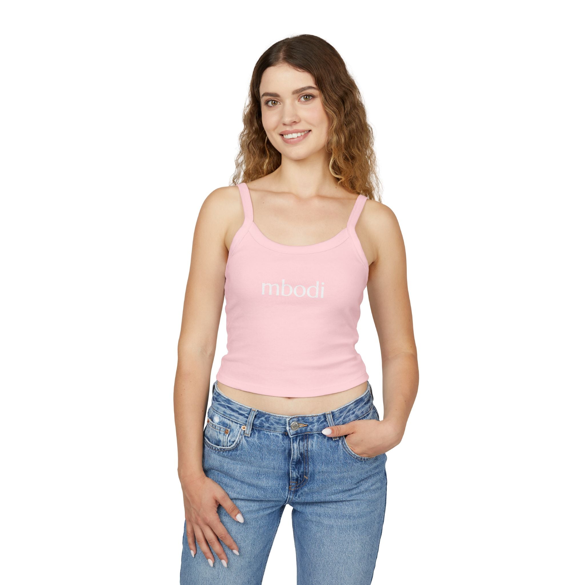 women's spaghetti strap tank top - white text