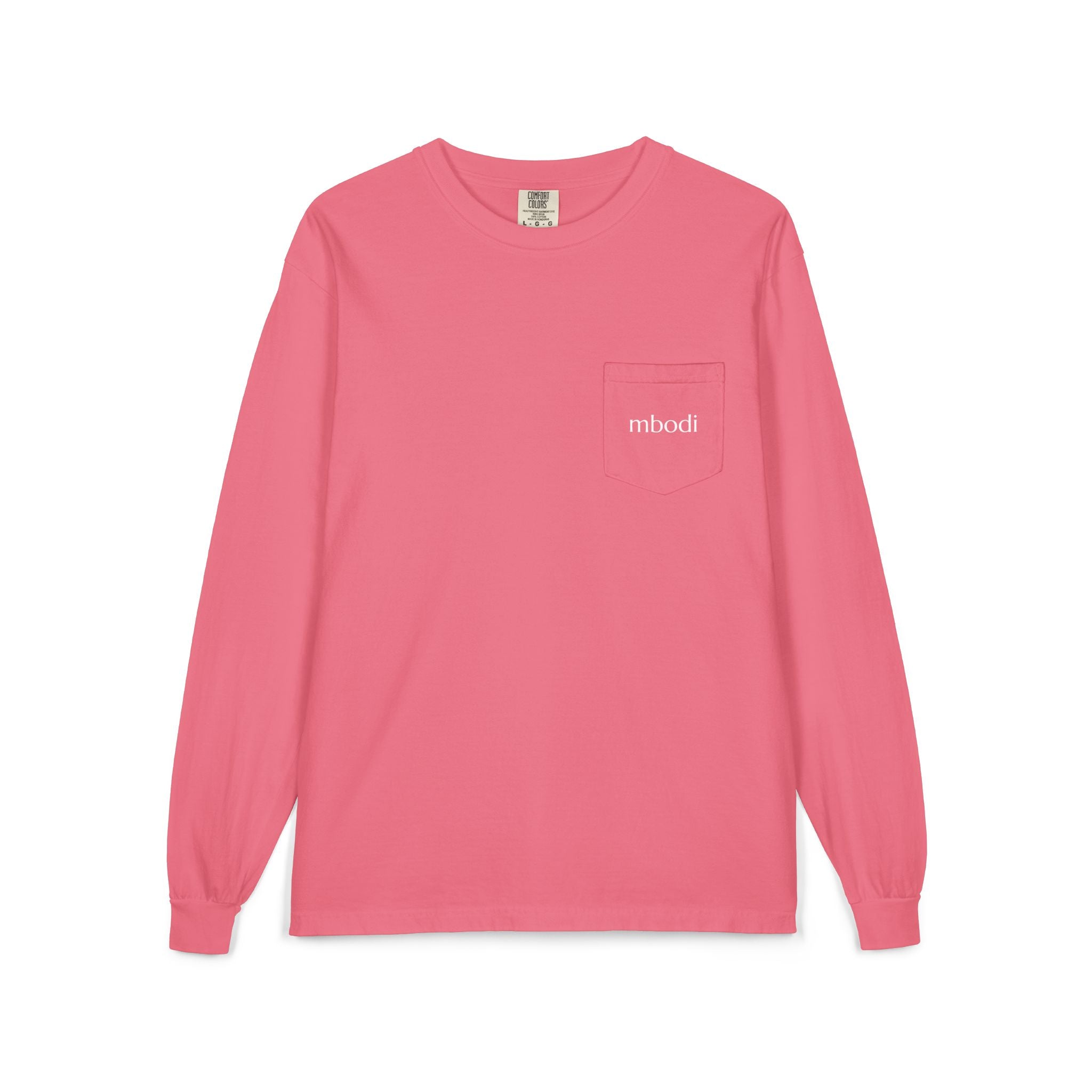 100% cotton long sleeve pocket tee - white text