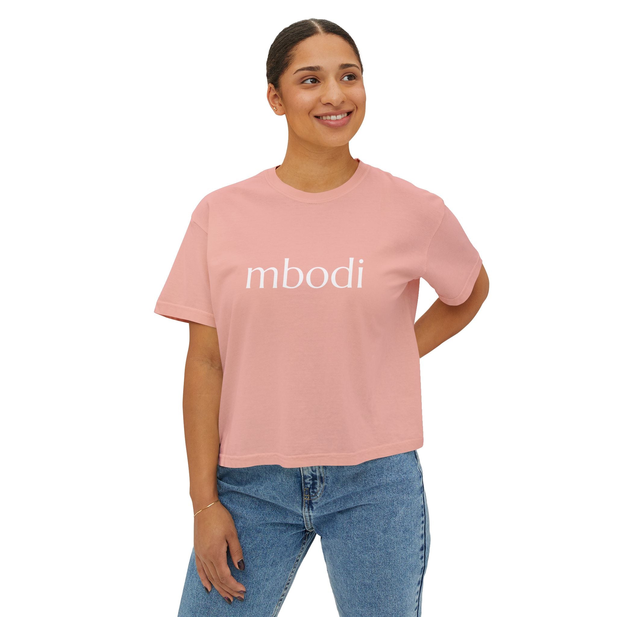 100% cotton women's boxy tee - white text