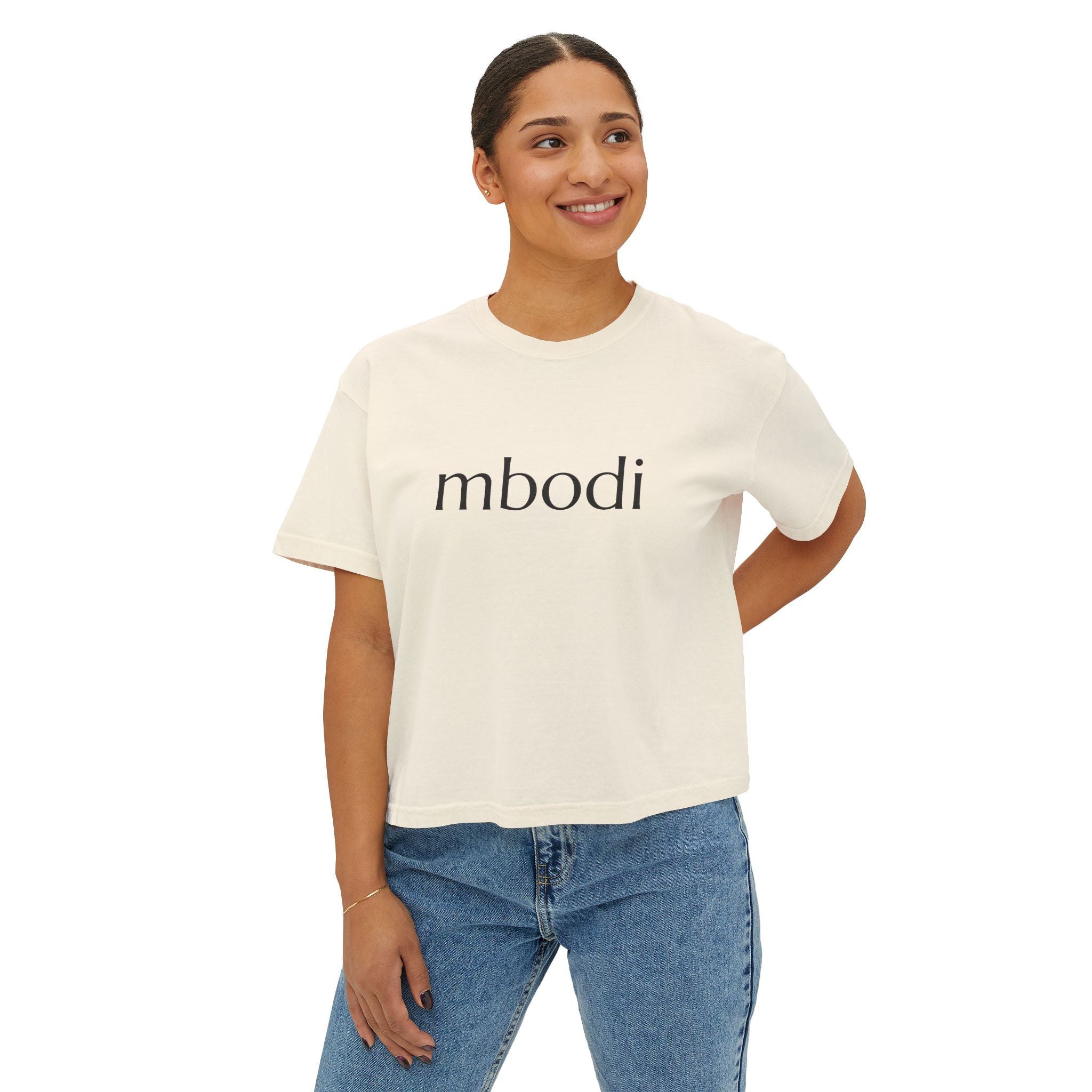 100% cotton women's boxy tee - black text