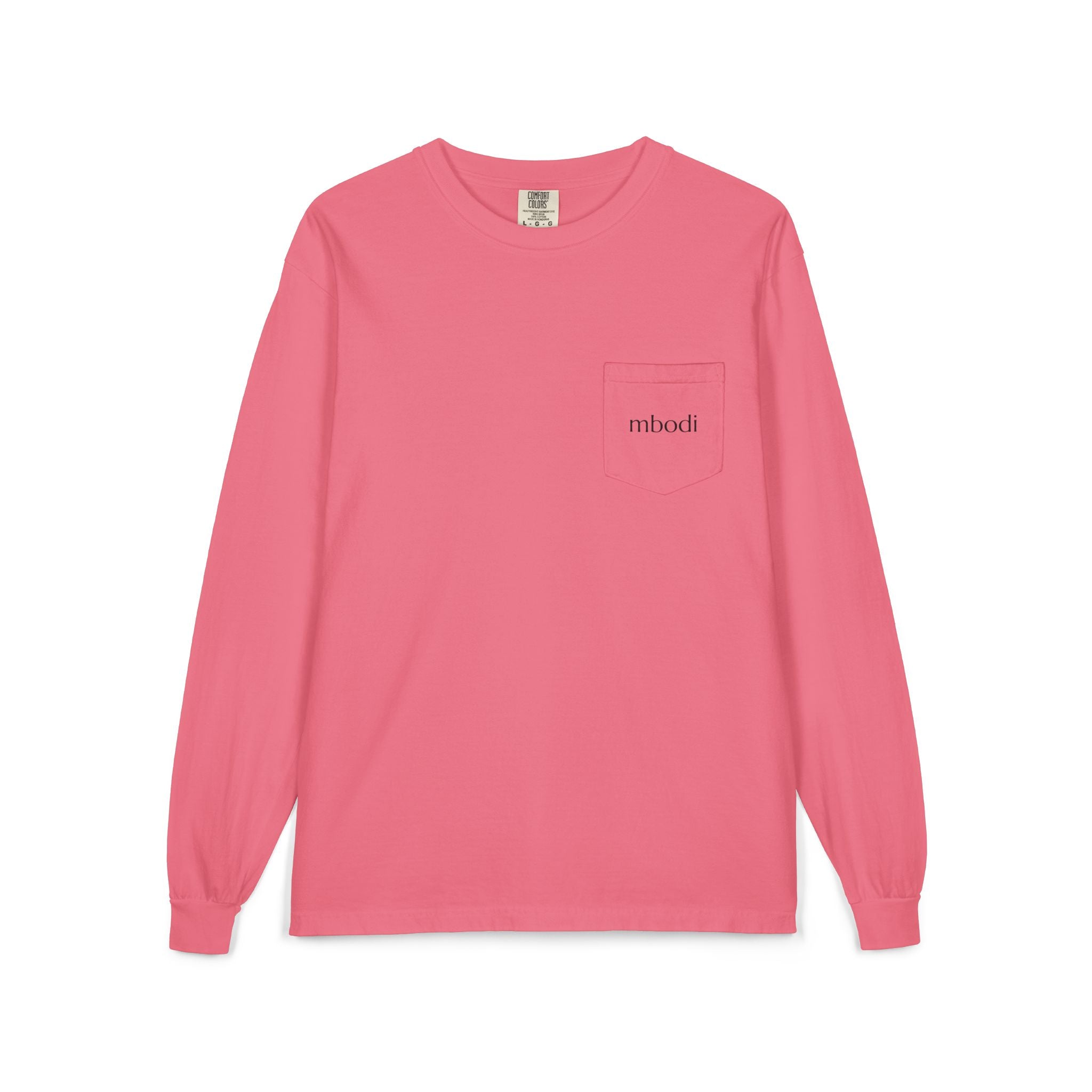100% cotton long sleeve pocket tee - black text
