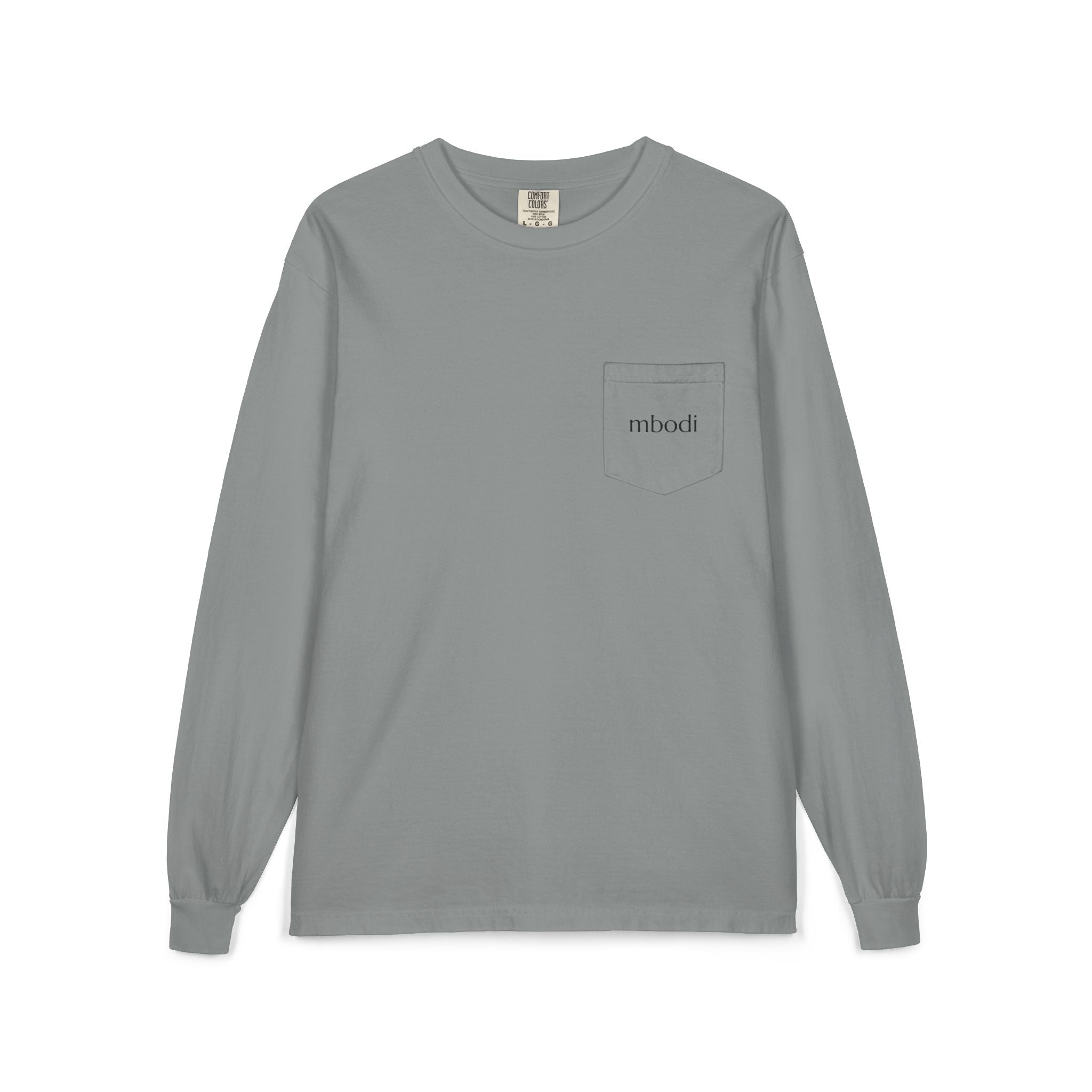 100% cotton long sleeve pocket tee - black text