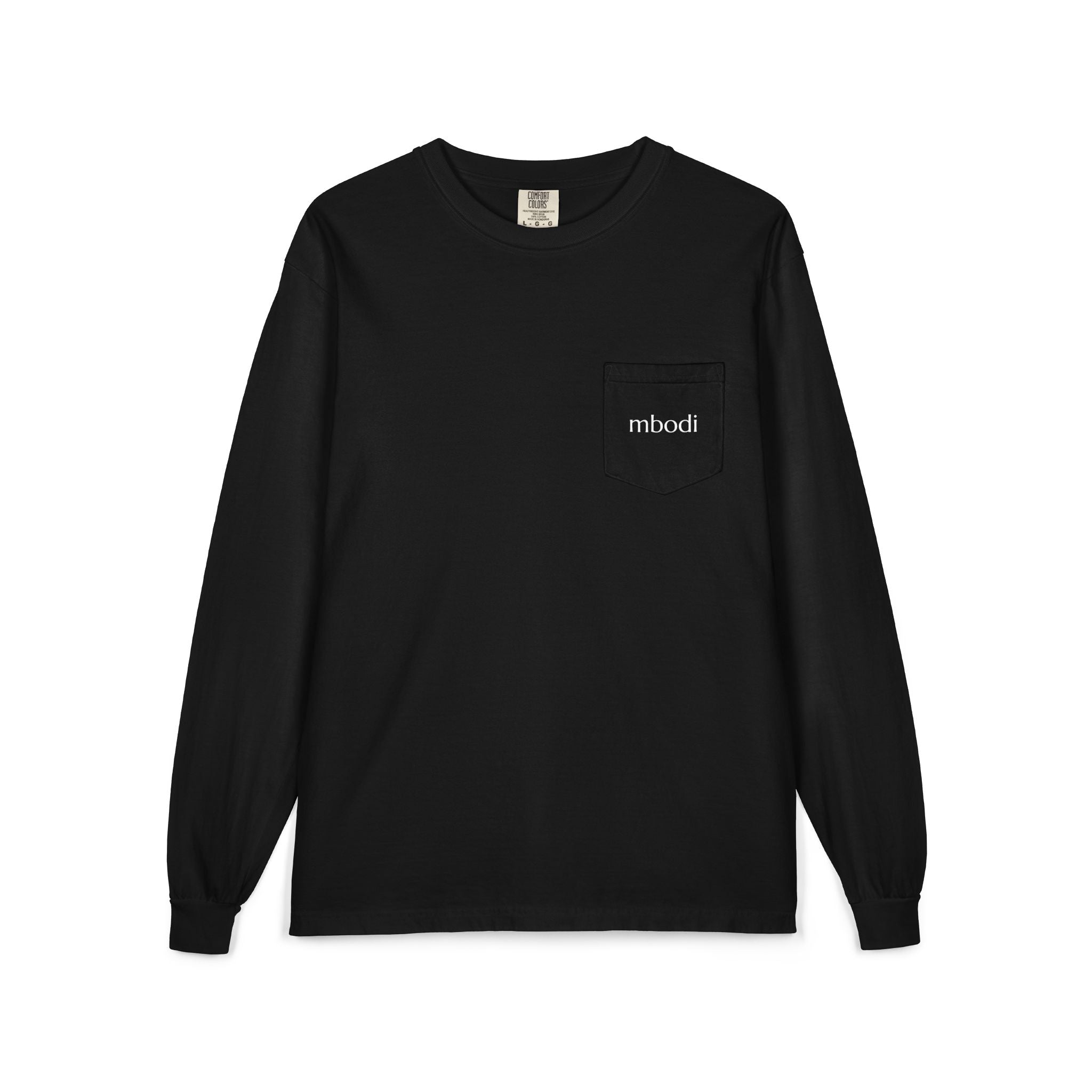 100% cotton long sleeve pocket tee - white text