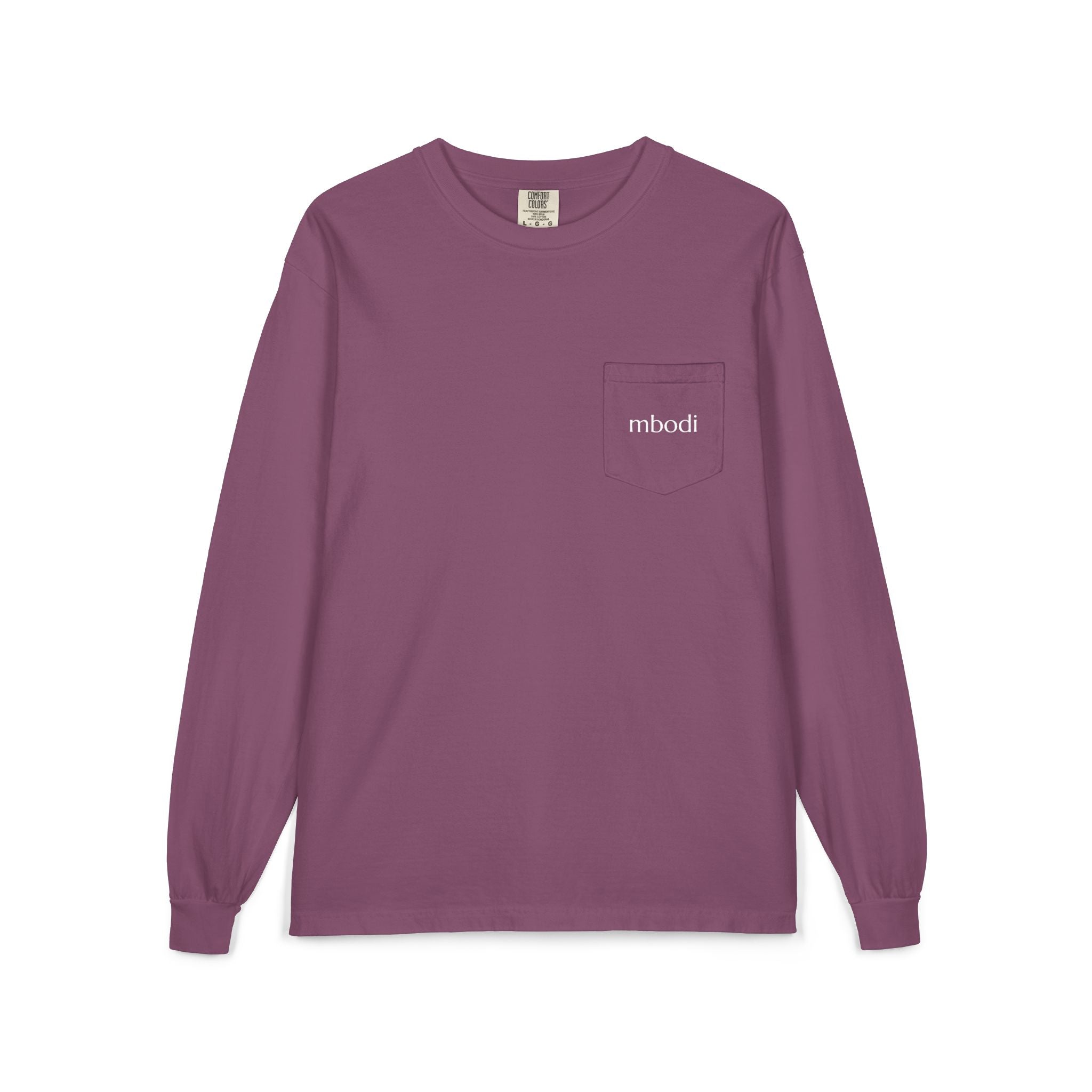 100% cotton long sleeve pocket tee - white text
